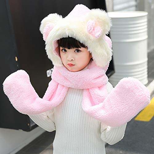 Girls Cute Bowknot Hooded Scarf Versatile 3-in-1 Winter Warm Hat with Scarf Pocket Gloves4