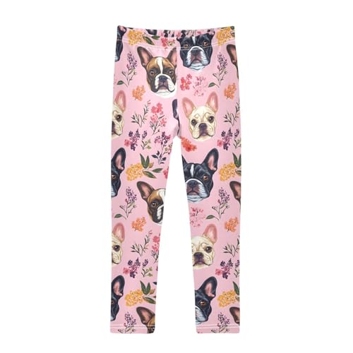 ALAZA Girls' Leggings Children's Yoga Pants Skinny Printed Dance Bulldog Flower Pinks Comfortable 4T