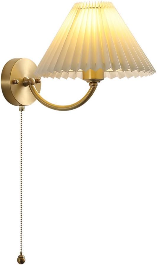 Aplique de Pared Moderno de Cobre con Interruptor de Cadena, Pantalla de Tela Plisada Blanca, Aplique de Lectura para mesita de Noche, lámpara de Techo Tipo araña.
