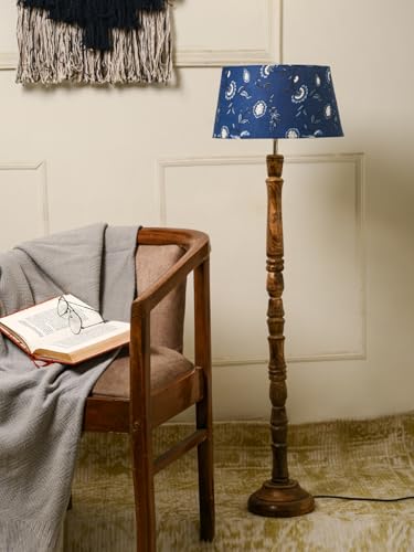 Image of Green Girgit Brown Color Small Wooden Floor Lamp with Taper Blue Creeper Multicolor Lamp Shade, Traditional Turned Column Base, Standing Light for Living Room (LED Bulb Included)