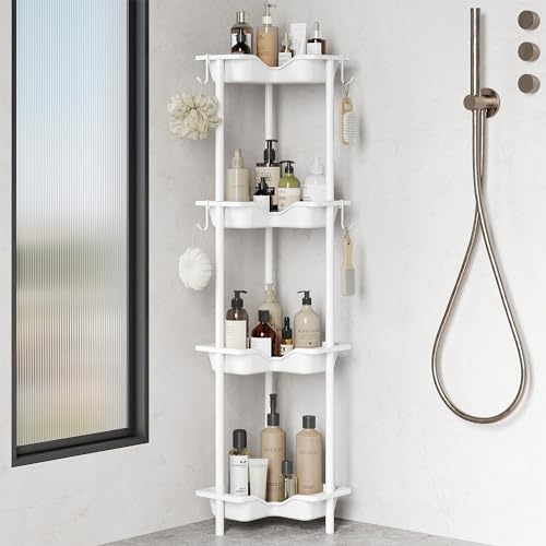 Orimade 4 Niveles Estanteria baño de Ducha de pie,Organizador de Esquina de Piso de Empalme de Metal plástico, cesta ducha sin taladrar para baño Blanco