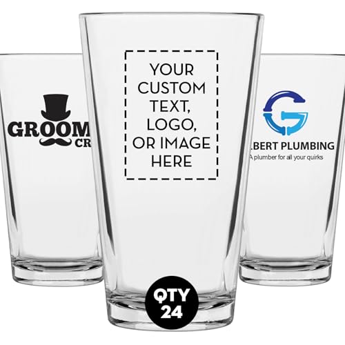 Personalized Pint Beer Glass 16oz 24 Pack – Custom Printed Drinking Glass with Your Logo – Bulk Full Color Promotional Products for Business, Company Branding, Events, Weddings, Party Favors