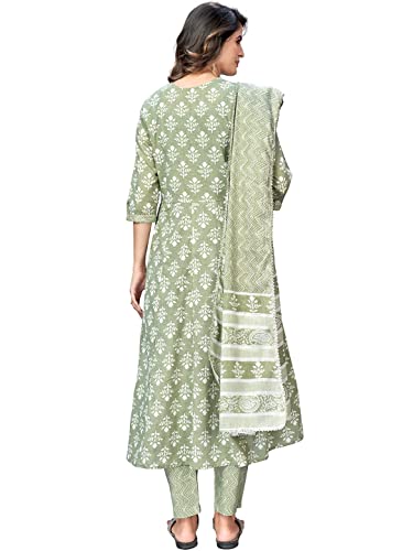 Image of Vbuyz Women's Printed & Handwork Anarkali Cotton Kurta with Pant & Dupatta | Kurta Set For Women | Suit Set For Women | Kurti Dress Set | Cotton Fabric Set