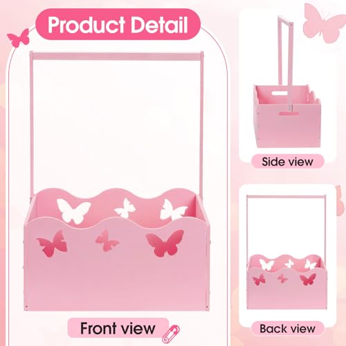Image of Suzile Baby Shower Basket Wooden Crate Closet Storage with Handle Baby Registry Hamper Pregnancy Gift for New Parent(Butterfly,Pink)