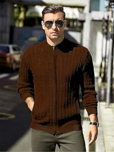 Image of TYSORT Men's Cotton Full Sleeve High Neck Full Zipper Sweater for Men, Cable Knitted Cardigan for Men