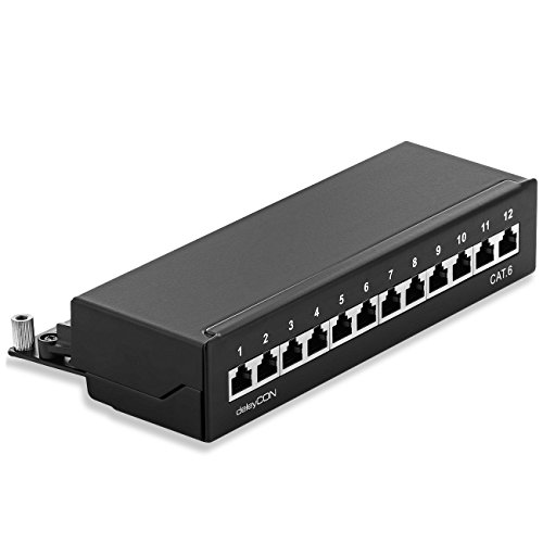 deleyCON CAT6 Patch Panel El Panel de Corrección 12 Puertos Escritorio y Montaje en Pared - Blindado - Enchufe 12x RJ45 - TIA568A TIA568B - Negro