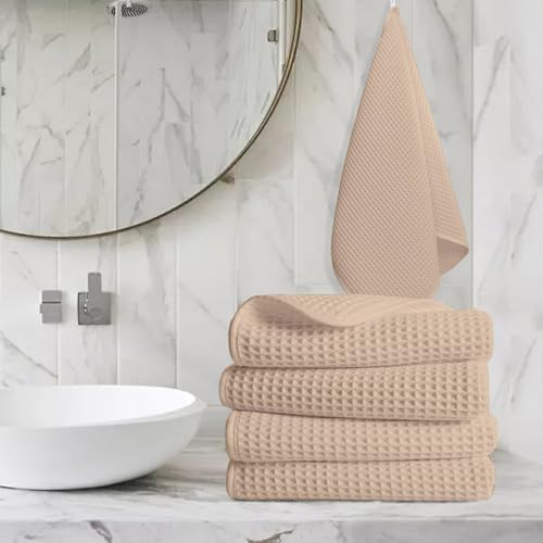 Image of Pure Cotton Waffle Towel | Lightweight | Anti Microbial and Water Absorbent | Soft Touch Quick Drying Hand Towels (Beige, Pack of 4)