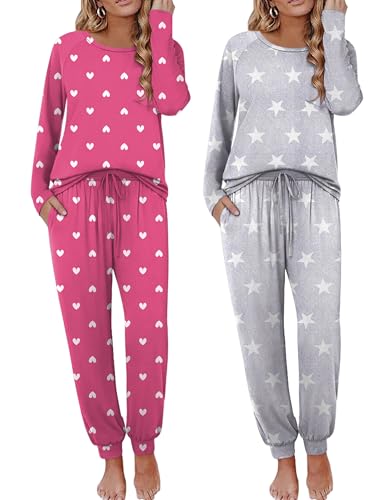 Image of Ekouaer 2 Pack Womens Pajama Sets Long Sleeve Pjs Soft Comfy Lounge Set