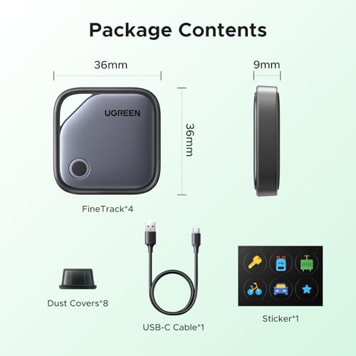 Image of UGREEN 4 Pack FineTrack G Smart Finder, Bluetooth Tracker 1-Year USB-C Rechargeable Compatible with Google Find Hub (Android only), 80dB Alarm Volume, Item Finder and Locator for Keys, Suitcase, Car
