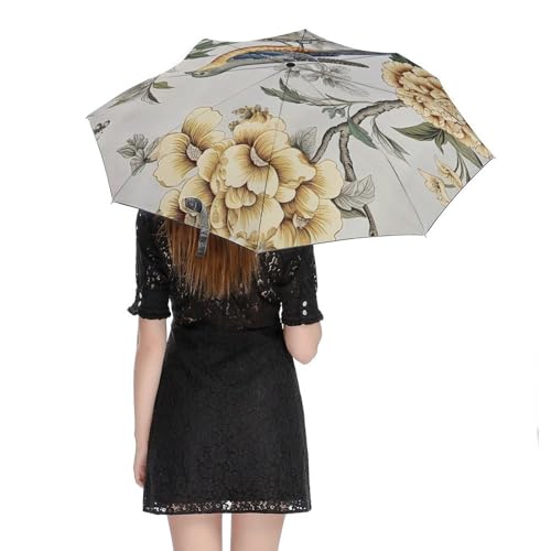 Parapluie facilement pliable et compact à motif grue jaune et gris paon