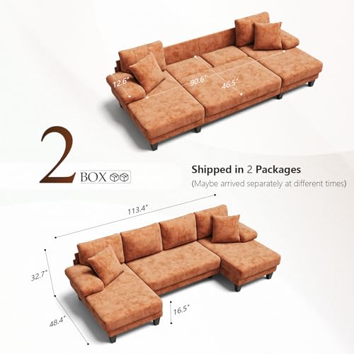 Image of Txtin's Sleeper Sofa with Pull Out Couch Bed | 112 Inch Couches for Living Room | U-Shaped Convertible Sofa Bed | Chenille Orange