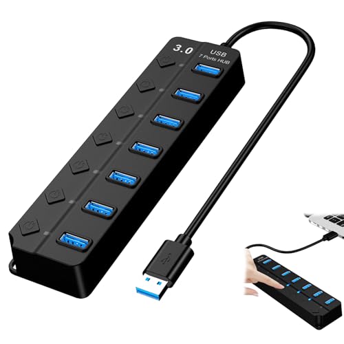 7 Port USB 3.0 Hub with Individual Switches and LED Indicators, High Speed USB Type A Expansion, Compatible with Laptop, PC, MacBook, Digital Devices, Efficient and Safe Data Transfer