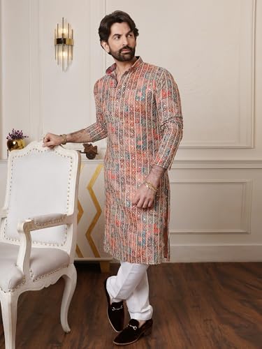Image of SOJANYA (Since 1958 Men's Cotton Gold Thread Embroidered Long Kurta