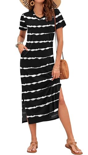 Image of MISFAY Womens Maxi Dress Short Sleeve V Neck Loose with Pockets | Soft stretchy breathable, v neck loose fit, side split hem, two side pockets, casual daily beach vacation travel dress