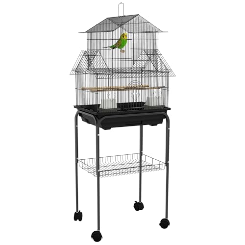 PawHut Cage à Oiseaux sur Pied, volière sur roulettes avec balançoire, poignée Portable, 2 mangeoires, Support, Design Maison, Cage pour pinsons, canaris...