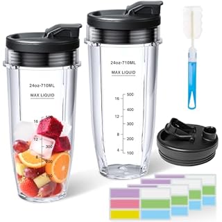 GuanQiao 2-Pack 24oz Blender Cups: Replacement For Ninja, With Sip/Seal Lid, Cleaning Brush & 24pcs Writable Labels. Fits BN401/BN751/BN801/BN800/BL450/BL456/BL480/Foodi SS401/SS101/TWISTi SS151/SS351