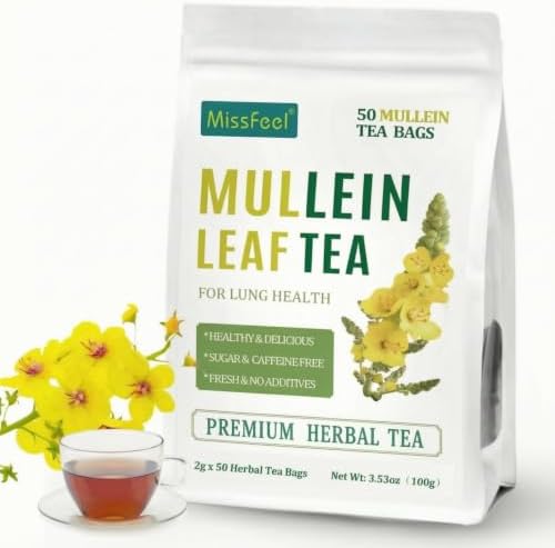 Mullein Leaf Tea, Mullein Leaf Tea Bags for Respiratory, Premium Mulleins Teas for Lung, Herbal Ingredient, Caffeine-free, Sugar-free (50 Pcs 1 Bag, Mullein Leaf Tea)
