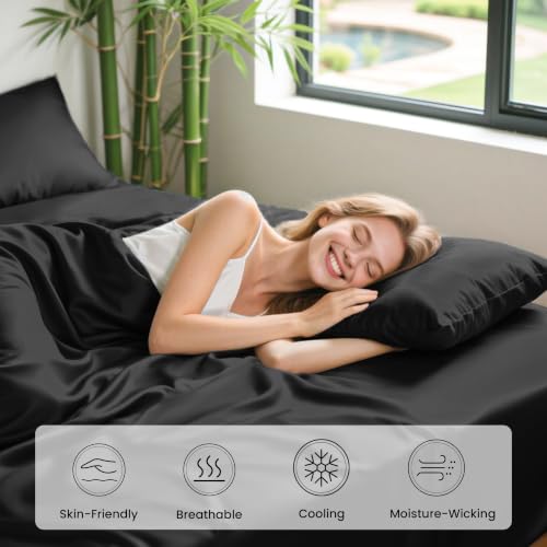 Image of Love's cabin 4 Piece Full Size Sheet Set, 100% Rayon Derived from Bamboo, Cooling & Breathable, Soft Silky Deep Pocket up to 16 inch, Hotel Luxury Bedding for Hot Sleepers, Black