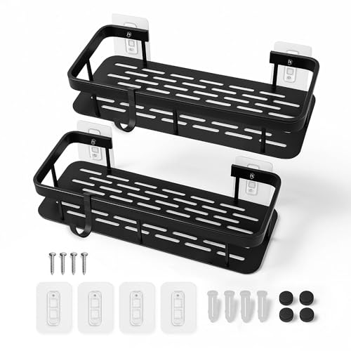 Balkira Estanteria Baño Sin Tornillos de Aluminio Negro 2 Piezas - Estanteria Ducha Sin Taladro - Baldas Pared con 2 Ganchos - Organizador Baño - Estante Ducha Antióxido - Estanterias de Pared.