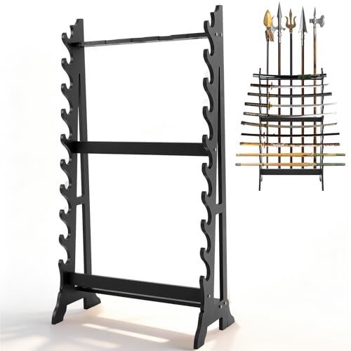 Leinuosen Large Floor Standing Sword Display Rack, Holds up to 10 Samurai Swords, 10-layer Katana Stand with 5 Holes for Long Weapons, for Collectors & Martial Arts Enthusiasts, Black HDF