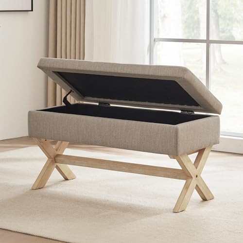 HUIMO 36-inch Entryway Bench with Storage,Dinning Bench Seat with X-Shaped Legs for Kitchen,Upholstered End of Bed Bench for Living Room, Bedroom.Storage Ottoman Bench with Safety Hinge(Khaki)