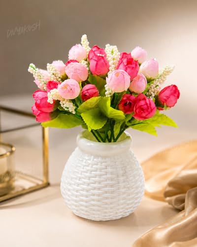 Image of Divyakosh Artificial Flower Peony Bunch with Plastic Vase for Home Decor, Small Pink Peonies Flower Arrangement with Vase, Flower Vase, Home Decoration Items for Living Room, Aesthetic Home Decor