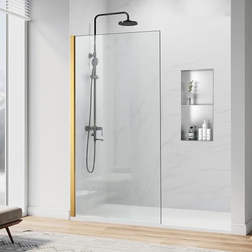 Xilewying Shower Glass Door 34"*74", Frameless Fixed Shower Glass Door for Walk-in Bathroom, 5/16"(8mm) Thick Tempered Glass and Frosted Glass Shower Door Panel, Brushed Gold