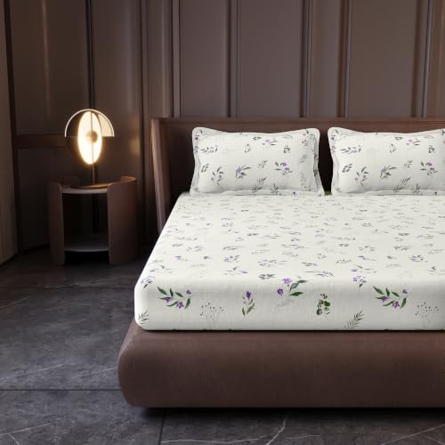 Image of Divine Casa Cotton King Size Bedsheet | 210 TC Soft Breathable Pigment Twill Satin Bed Sheet with 2 Pillow Covers | Luxury Bedding Set | 275 x 275 cm (Creme Purple, Floral)