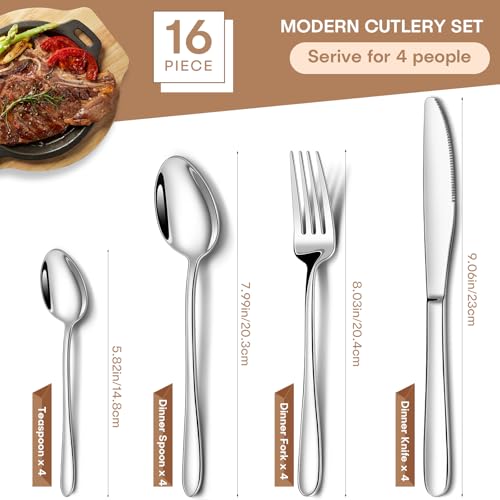 16 Piece Cutlery Set for 4, NINIROR Stainless Steel Flatware Set - Mirror Polished Dishwasher Safe Silverware Includes Spoons, Knives & Forks - Food-Grade for Home Kitchen Restaurant - Image 3