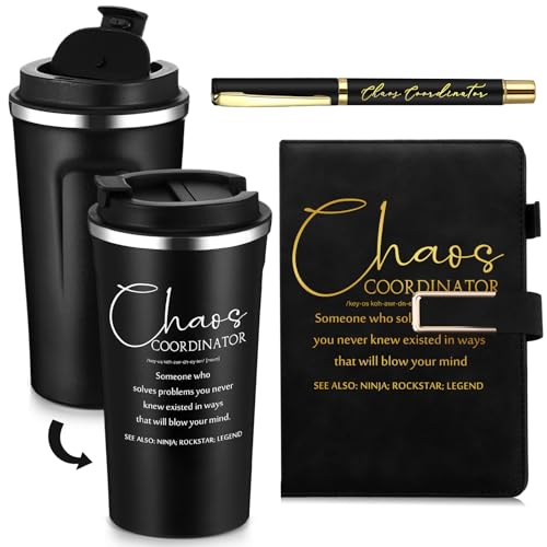 Pickmesh 3 Pcs Chaos Coordinator Appreciation Gifts for Women Men 17 oz Coffee Tumbler A5 Leather Journal with Ballpoint Pen for Teacher Admin Professionals Manager Assistant‌ Employee(Black)