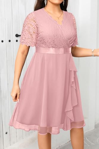 Image of Talisea Plus Size Wedding Guest Dress - Formal Cocktail Party Ruffle Elegant Tea Length Lace Chiffon V Neck Midi Dresses
