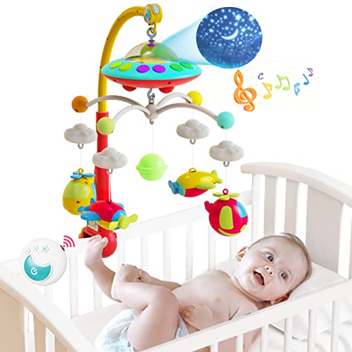 Eners Baby Crib Mobile with Music and Lights, Mobile for Crib with Remote Control, Rotation, Moon and Star Projection, Baby Crib Toys for Boys Girls (Yellow)
