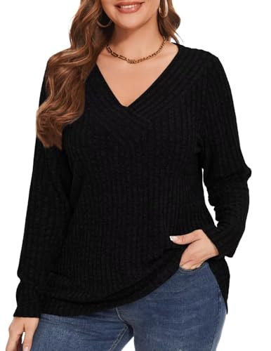 MONNURO Plus Size Women's Long Sleeve Sweater Tops V-Neck Loose Fit Dressy Fall Tunic Sweater