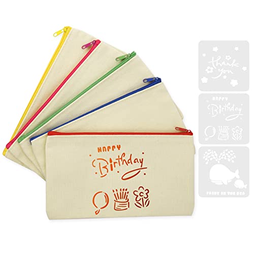 Vicloon Canvas Zipper Bag, 5Pc Canvas Pencil Pouch Bags and 3Pcs Doodle Template