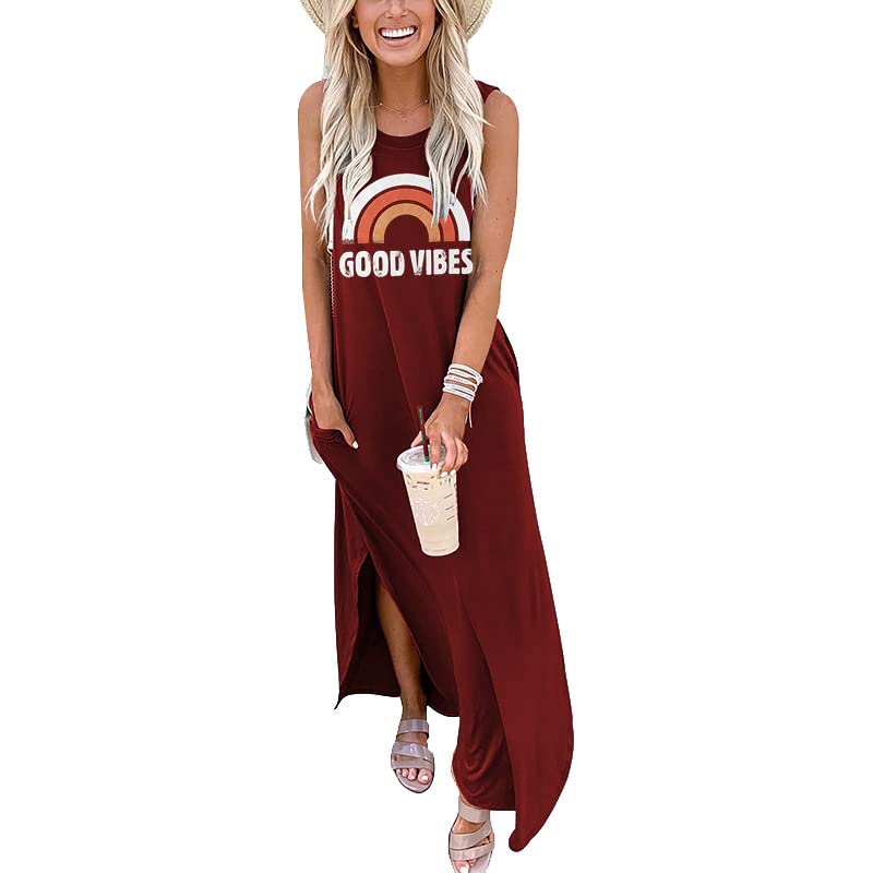 Image of Good Vibes Rainbow Graphic Dress Womens Sleeveless Pocket Maxi Dress Hawaiian Beach Tank Dress