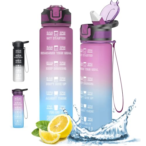 1L Water Bottle with Straw, Tritan BPA Free Drinks Bottle Leakproof, Gym Sports Water Bottles Lightweight with Time Marker and Strap for Gym, Sports, Outdoor, Cycling- Purple/Blue