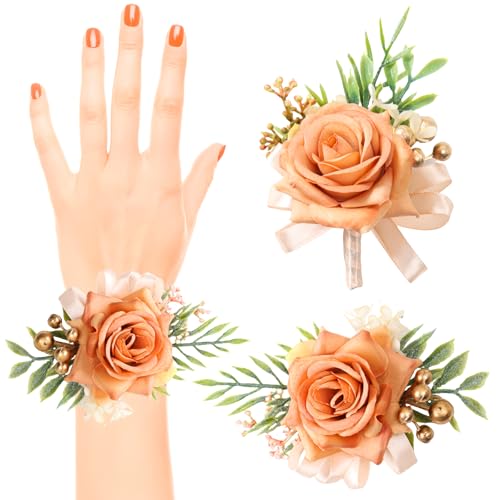 AEDOVE 2 Pcs Rose Wrist Corsage and Boutonniere Set, Rose Corsage Hand for Women, Boutonniere for Men Wedding Artificial Flowers Accessories Prom Decor, Wedding Party Accessories (Orange)
