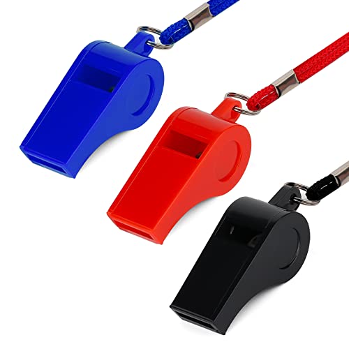 KINBOM 3 Pièces Sifflets en Plastique avec Cordon, Sifflet de Sport pour Entraîneur Survie Urgence Sport pour Arbitre Entraîneur Dressage de Chiens (Rouge, Bleu, Noir)