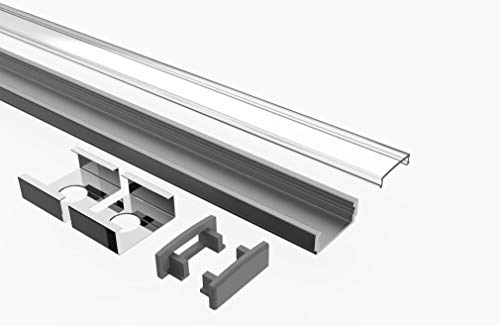 Tivendis Led Alu Profil 2 m AF2 Komplett Set für Strip/Streifen bis 12 mm breit | Abdeckung transparent klar, Endkappen, Befestigungclips | U-Form Aufputz Deckenleiste Wandprofil eloxiert