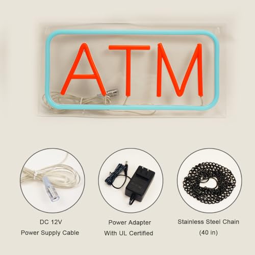 Image of ATM Neon Sign, Mini Size, 12 inchx6 inch, 12V-Powered Business Signboards for Convenience Store, Gas Station, Liquor Shop, Mini Market, High Brightness, Clear Acrylic Backboard, Wall Window Decor