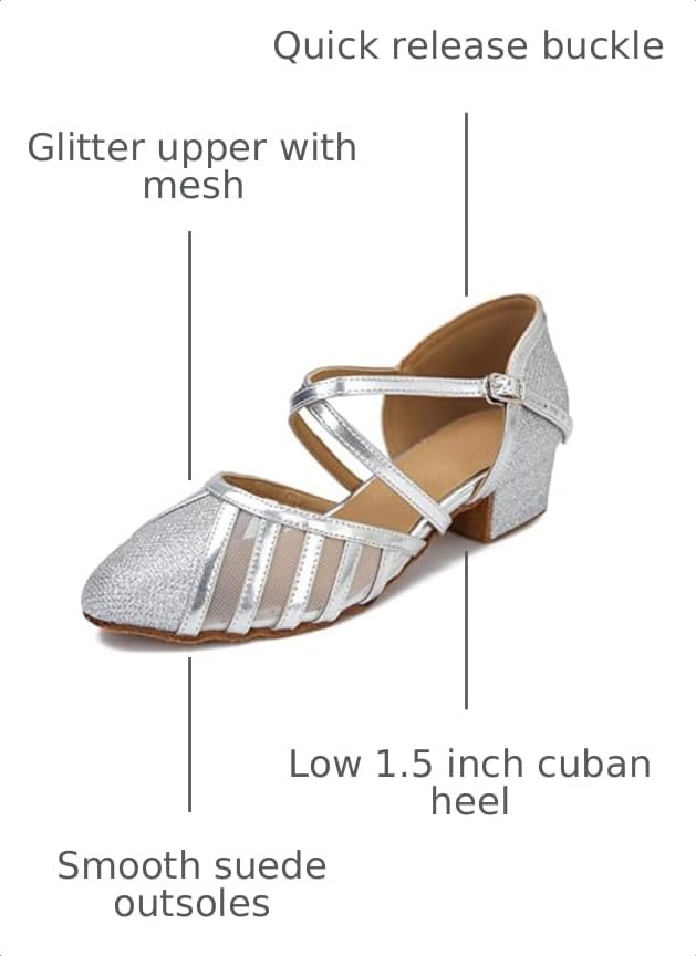Image of Low Heel Ballroom Dance Shoes Women Latin Salsa Wedding Practice Dancing Shoes Sparkle Comfortable Closed Toe Dance Heels 1.5inch