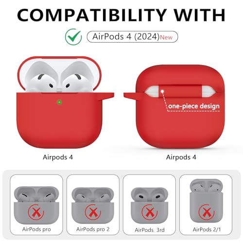 Ljusmicker AirPods 4 Case Cover 2024 - Soft Silicone, Shockproof, Red with Cleaner Kit & Keychain - 2