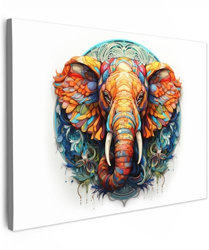 MuchoWow© Quadri su Tela 70x50 cm Foto Quadro Moderno Soggiorno Canvas Decorazioni Camera da Letto Mandala - Elefante - Colori - Animali - Bianco