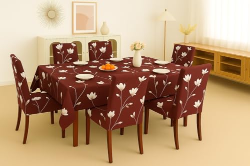 Image of Homerz Premium 6 Seater Dining Table Cloth with 6 Dining Chair Covers,Elastic Fitted Chair Slipcovers, Printed Polycotton Fabric, Table Cloth Size 60x90 inch (Red Floral)