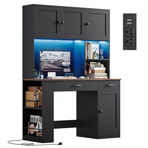 Keyluv 71 Tall Computer Desk with Hutch Cabinet Home Office Desk with Storage Drawers Shelves and Side Rack Wood Executive Desk with Doors Outlet Station and Smart LED Lights Black
