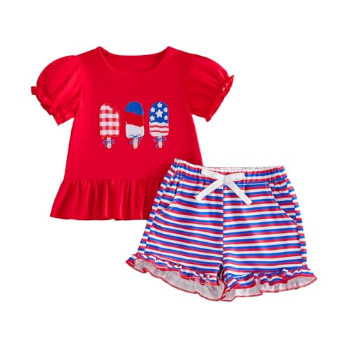 Gureui Toddler Baby Girl 4th of July Outfit Ice Cream Embroidery T Shirt and Striped Shorts Summer Clothes (A Red Ice Cream 3-4T)