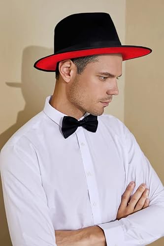 Two-Tone Wide-Brim-Panama-Fedora-Hats For Men And Women Panama Classic Jazz-Hat(Size:7-7 1/4)(Black/Red 1Pcs, M:56-58Cm/22.4-23Inch) #TOP6