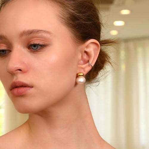 Bi&Yamigeo Pearl Drop Stud Earrings for Women 18K Gold Plated Big Round Pearl Pendant Dangle Dupes Jewelry for Wedding Bridal Bridesmaid Birthday3