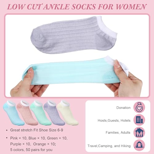 Tarpop 50 Pairs Ankle Socks for Women Size 6-9 Low Cut Thin for Women Size 6-9 Striped Textured Polyester No Show Socks Breathable Pastel Color Women's, 5 Colors2