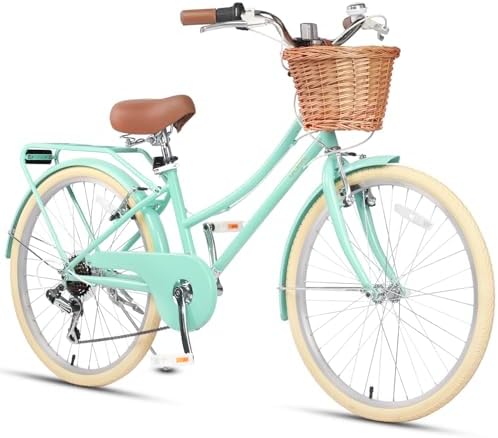 Glerc 24 Inch Beach Cruiser Bike, 6-Speed Hybrid City Bicycle for Girls Youth and Over 6 Years Old, Missy Bike with Wicker Basket & Lightweight, Mint